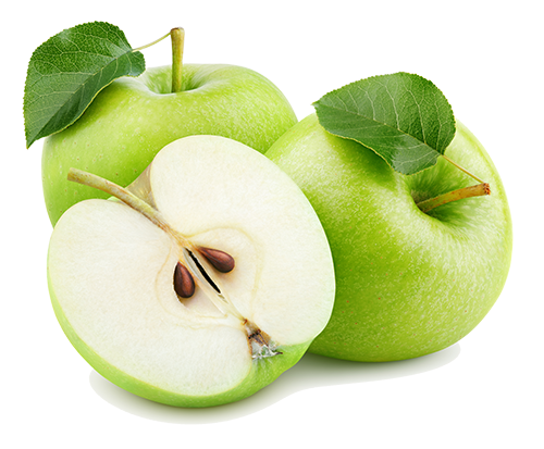 Group of ripe green apple fruits with half and green leaves isolated on white background. Group of ripe green apple fruits with half and green leaves isolated on white background.